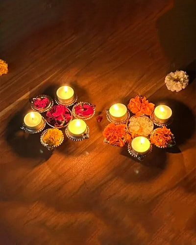 Decorative Metal Floating Flowers & Tea Light's Urli Diyas | Set of 2 | 7 inches