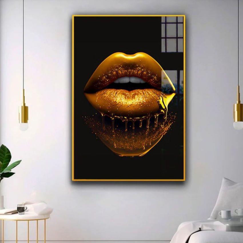 Sleek and Stylish Golden Lips Canvas Wall Painting