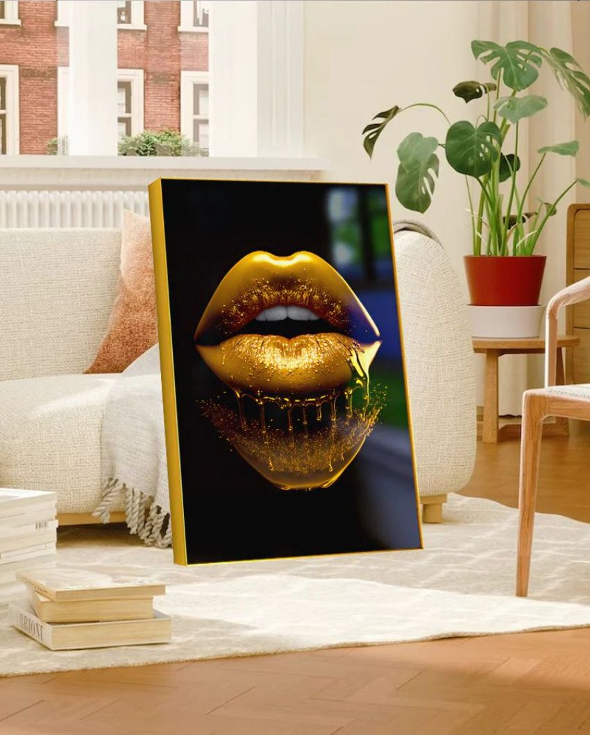 Sleek and Stylish Golden Lips Canvas Wall Painting