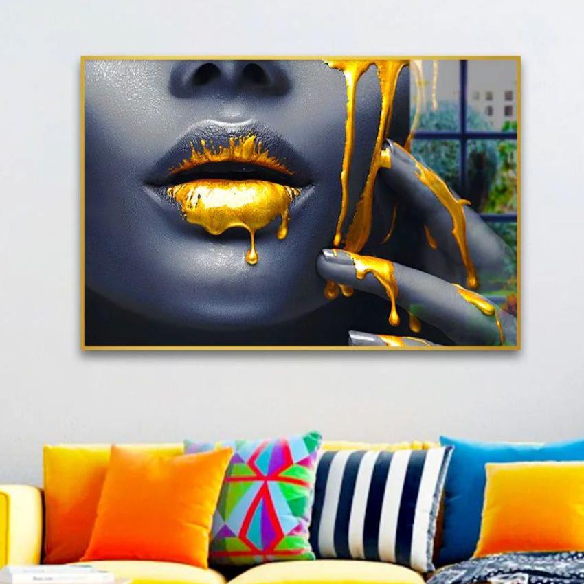 Women Lips Gold Drip Canvas Wall Painting