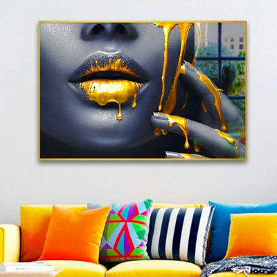 Women Lips Gold Drip Canvas Wall Painting