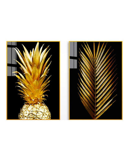 Beautiful Golden Pineapple & Palm Leaf Canvas Wall Painting