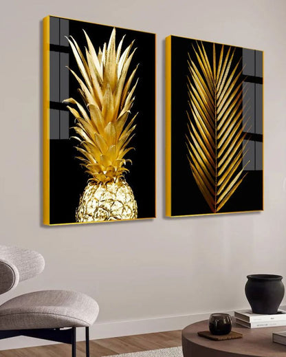 Beautiful Golden Pineapple & Palm Leaf Canvas Wall Painting