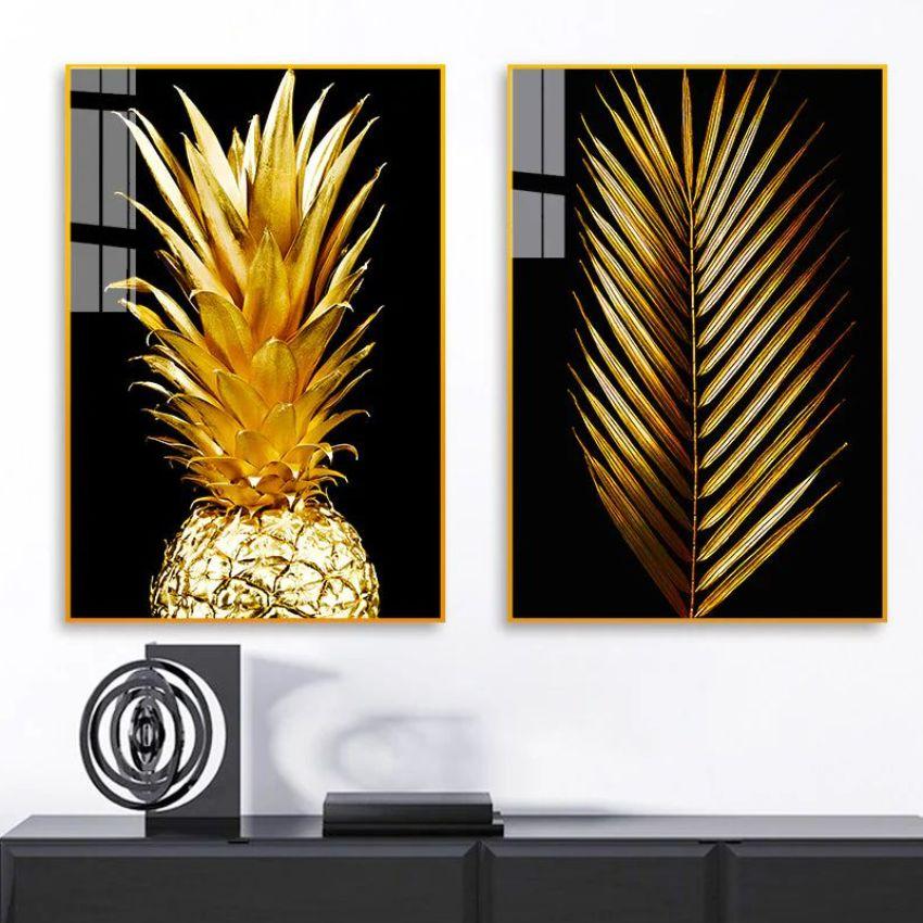 Beautiful Golden Pineapple & Palm Leaf Canvas Wall Painting