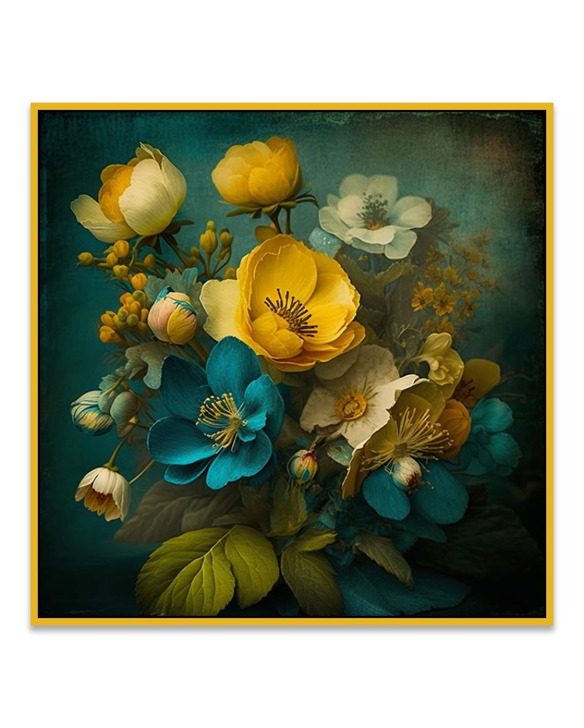 Abstract Blue and Golden Floral Canvas Wall Painting