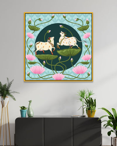 Traditional Pichwai Cows With Lotus Flowers Canvas Painting