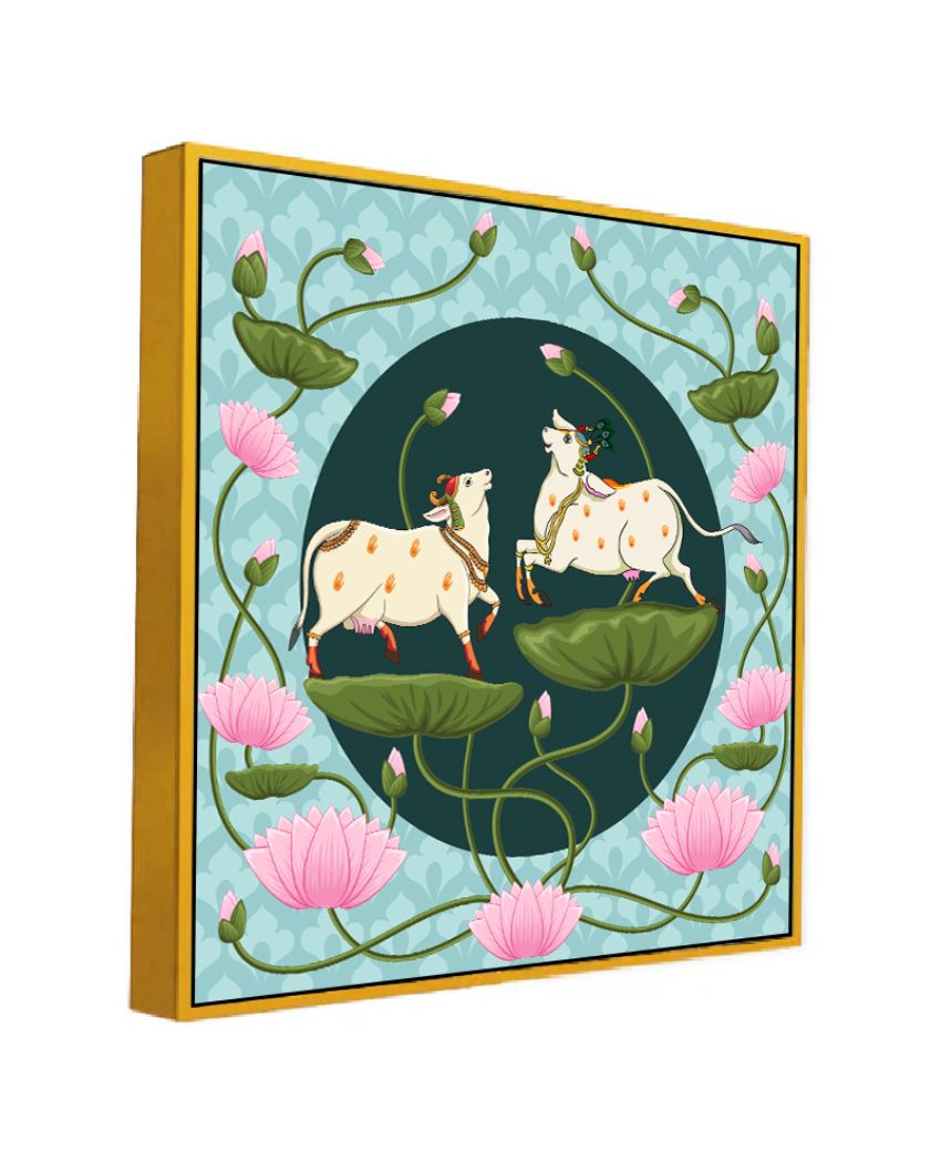 Traditional Pichwai Cows With Lotus Flowers Canvas Painting