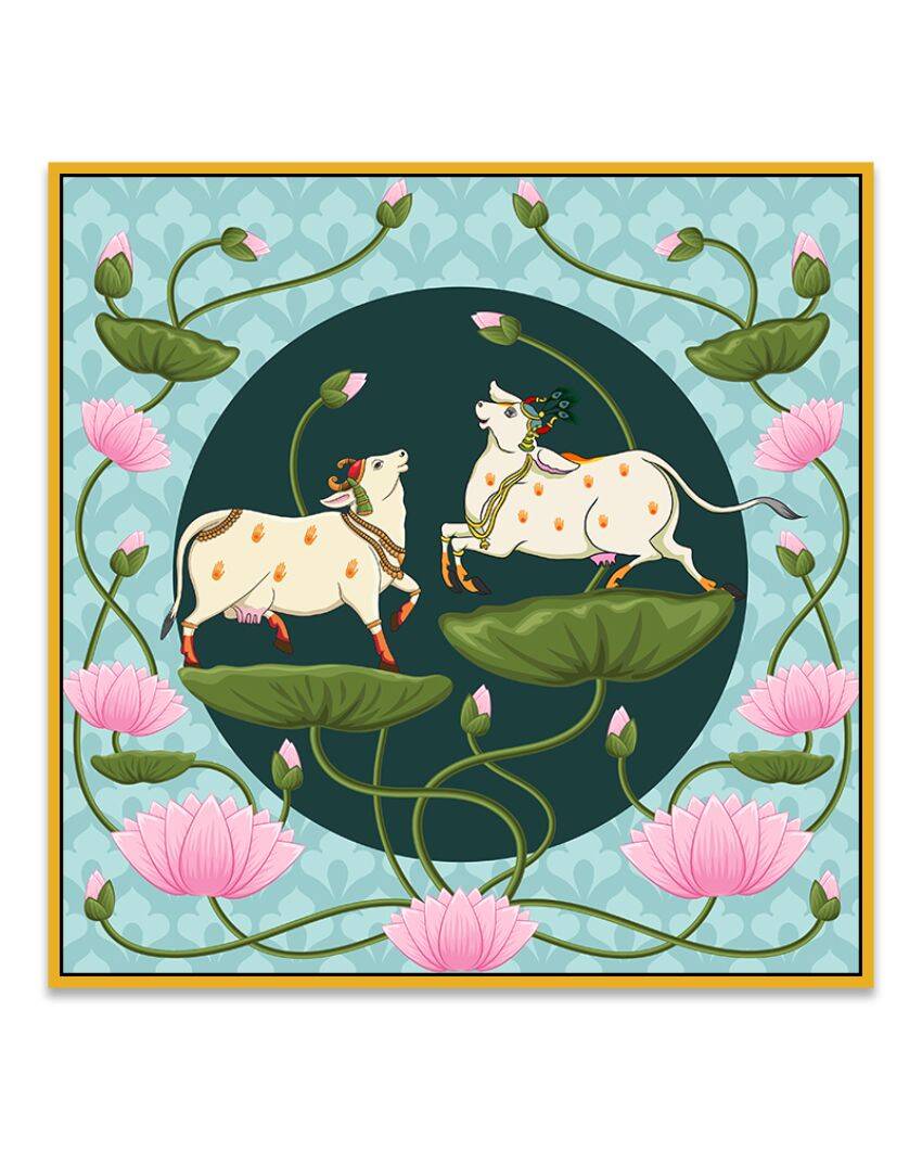 Traditional Pichwai Cows With Lotus Flowers Canvas Painting