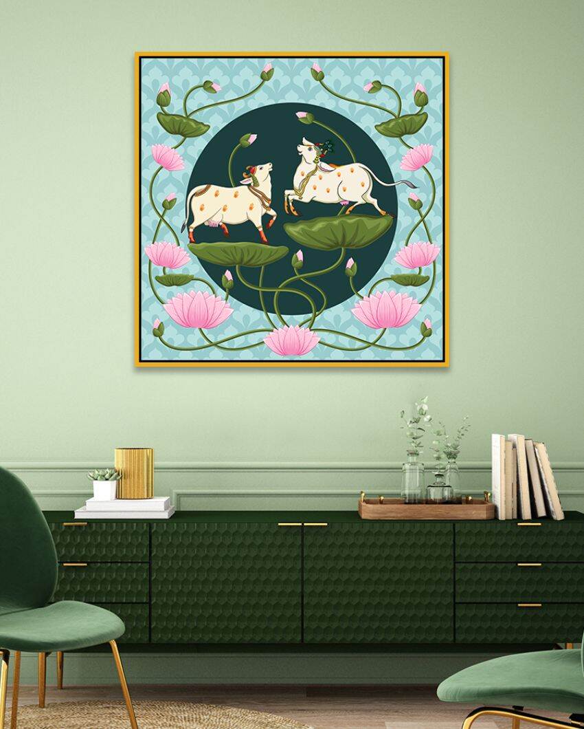 Traditional Pichwai Cows With Lotus Flowers Canvas Painting