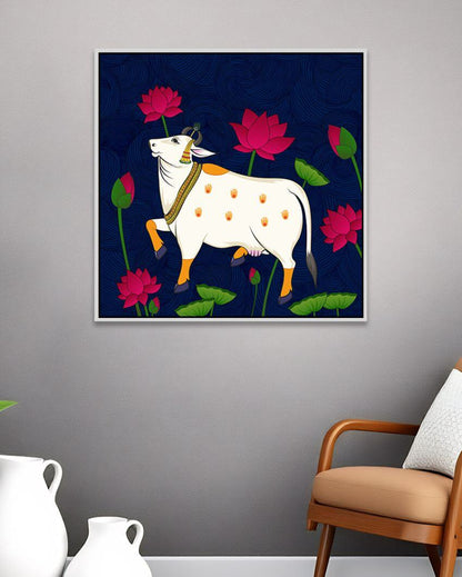 Elegant Pichwai Cow With Lotus Flower Canvas Painting