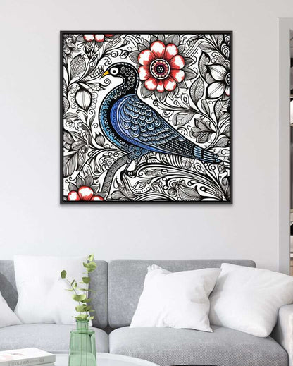 A Bird On Floral with Red Flower Madhubani Art Framed Paintings