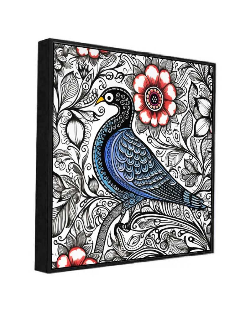 A Bird On Floral with Red Flower Madhubani Art Framed Paintings