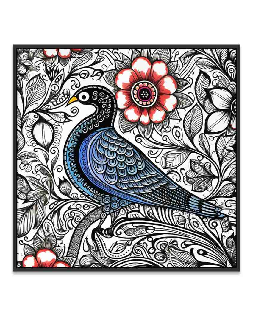 A Bird On Floral with Red Flower Madhubani Art Framed Paintings