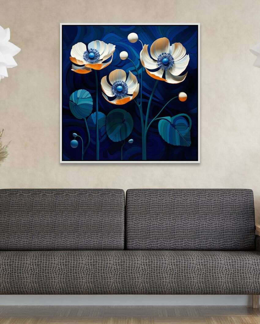 Colorful Surrealistic Flower Art On Blue Background Canvas Wall Painting