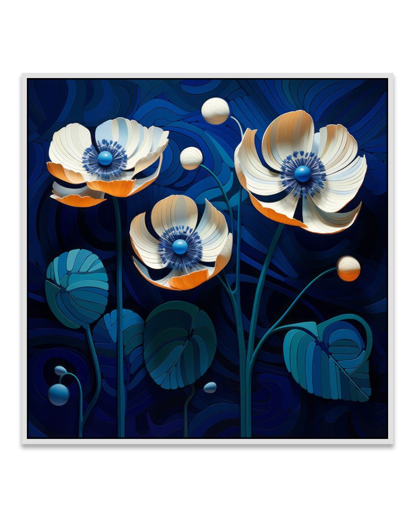 Colorful Surrealistic Flower Art On Blue Background Canvas Wall Painting