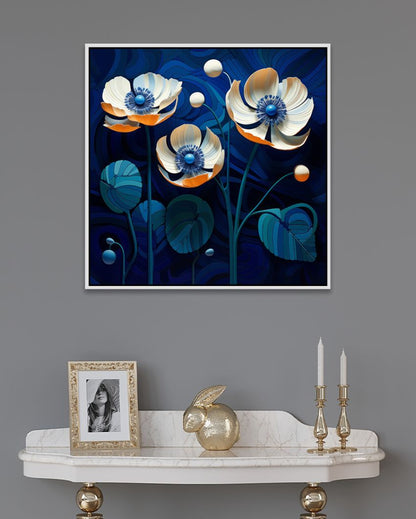 Colorful Surrealistic Flower Art On Blue Background Canvas Wall Painting