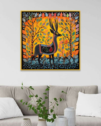 Madhubani Art Deer Painting with Floating Frame For Home Decor