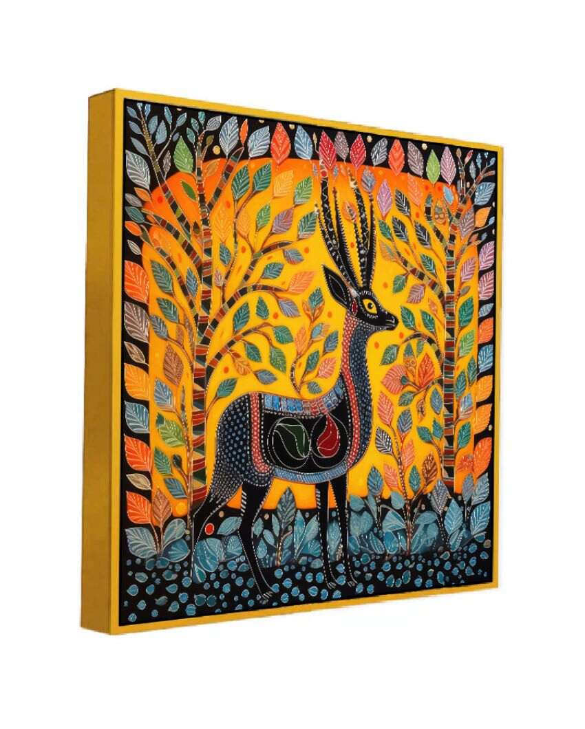 Madhubani Art Deer Painting with Floating Frame For Home Decor