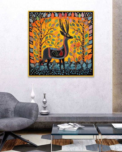 Madhubani Art Deer Painting with Floating Frame For Home Decor