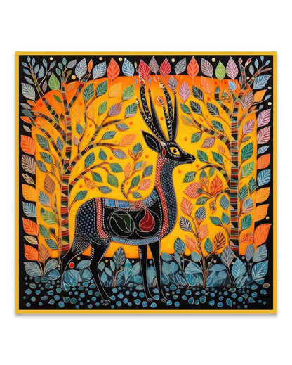 Madhubani Art Deer Painting with Floating Frame For Home Decor