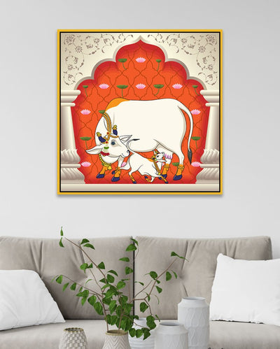 Kamdhenu Cow Mother with Baby Vastu Prosperity Pichwai Canvas Wall Painting