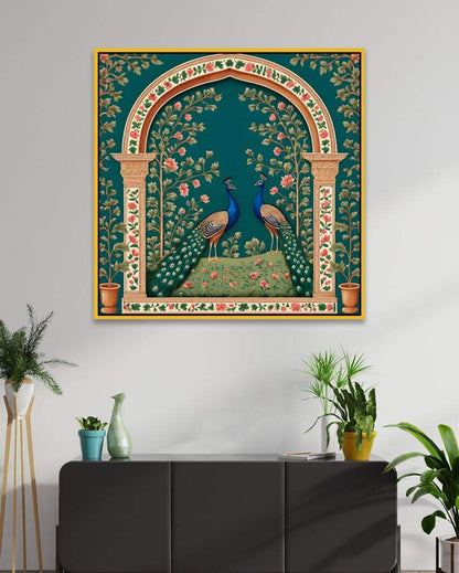 Blue and Gold Peacock Couple Square Canvas Wall Painting