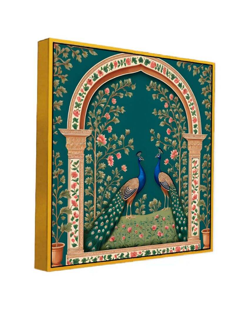 Blue and Gold Peacock Couple Square Canvas Wall Painting