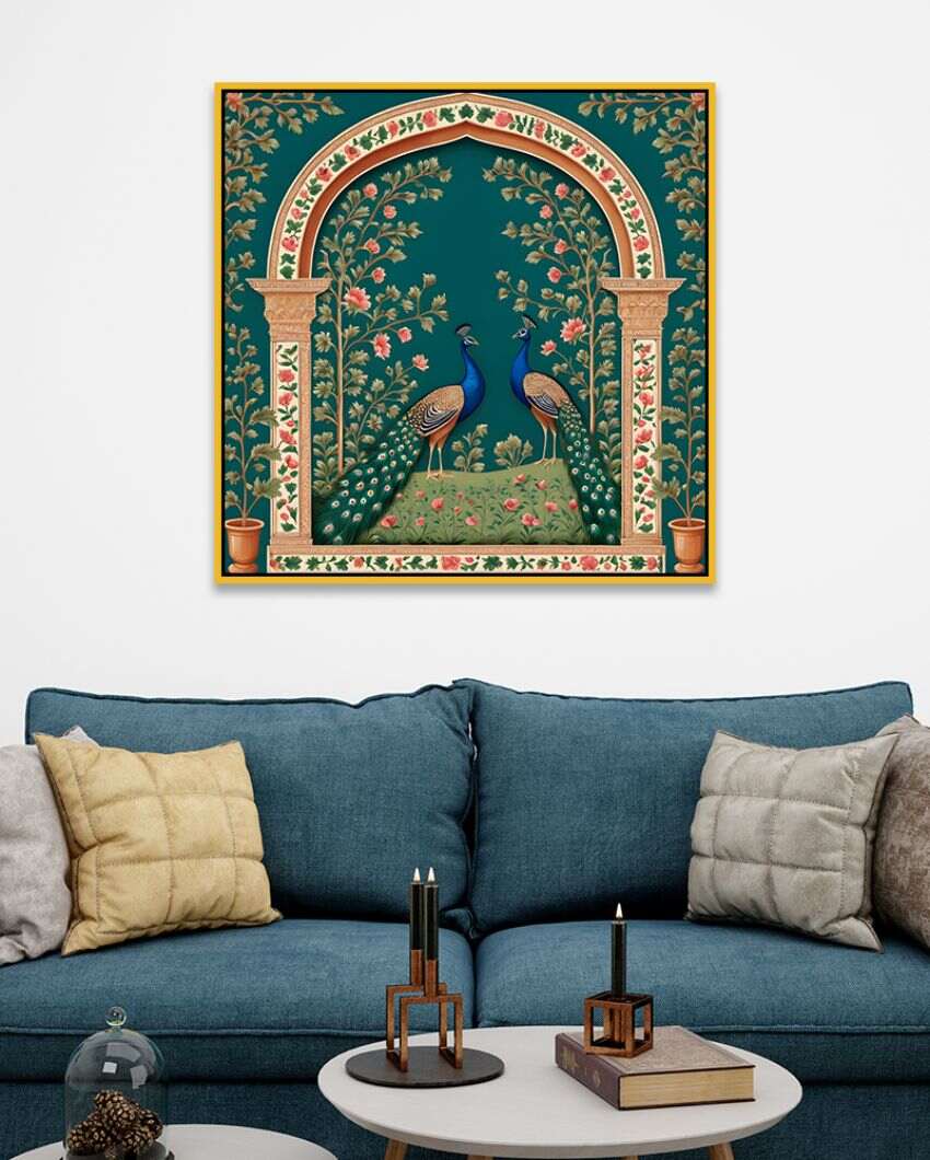 Blue and Gold Peacock Couple Square Canvas Wall Painting