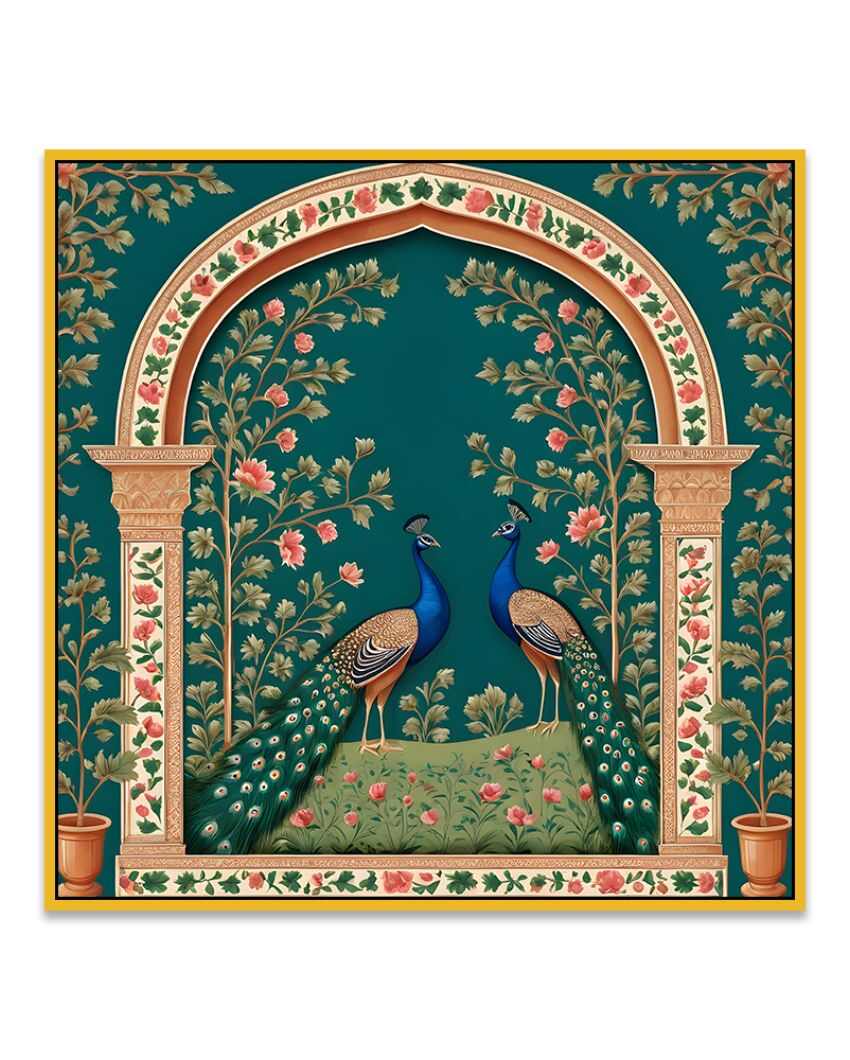 Blue and Gold Peacock Couple Square Canvas Wall Painting