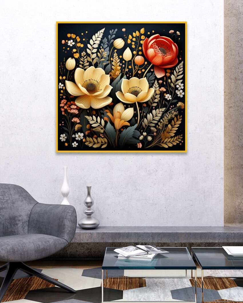 Beautiful Golden and Red Flowers Digital Printed 3D Art Canvas Wall Painting