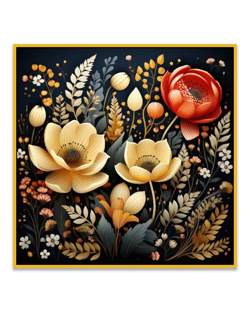 Beautiful Golden and Red Flowers Digital Printed 3D Art Canvas Wall Painting