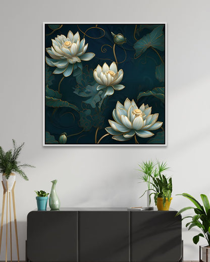 3D Embossed White & Gold Lotus Canvas Floral Wall Painting