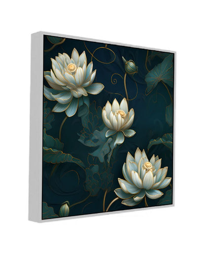 3D Embossed White & Gold Lotus Canvas Floral Wall Painting