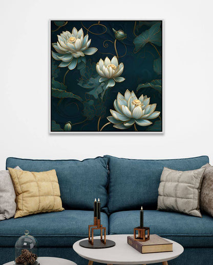 3D Embossed White & Gold Lotus Canvas Floral Wall Painting