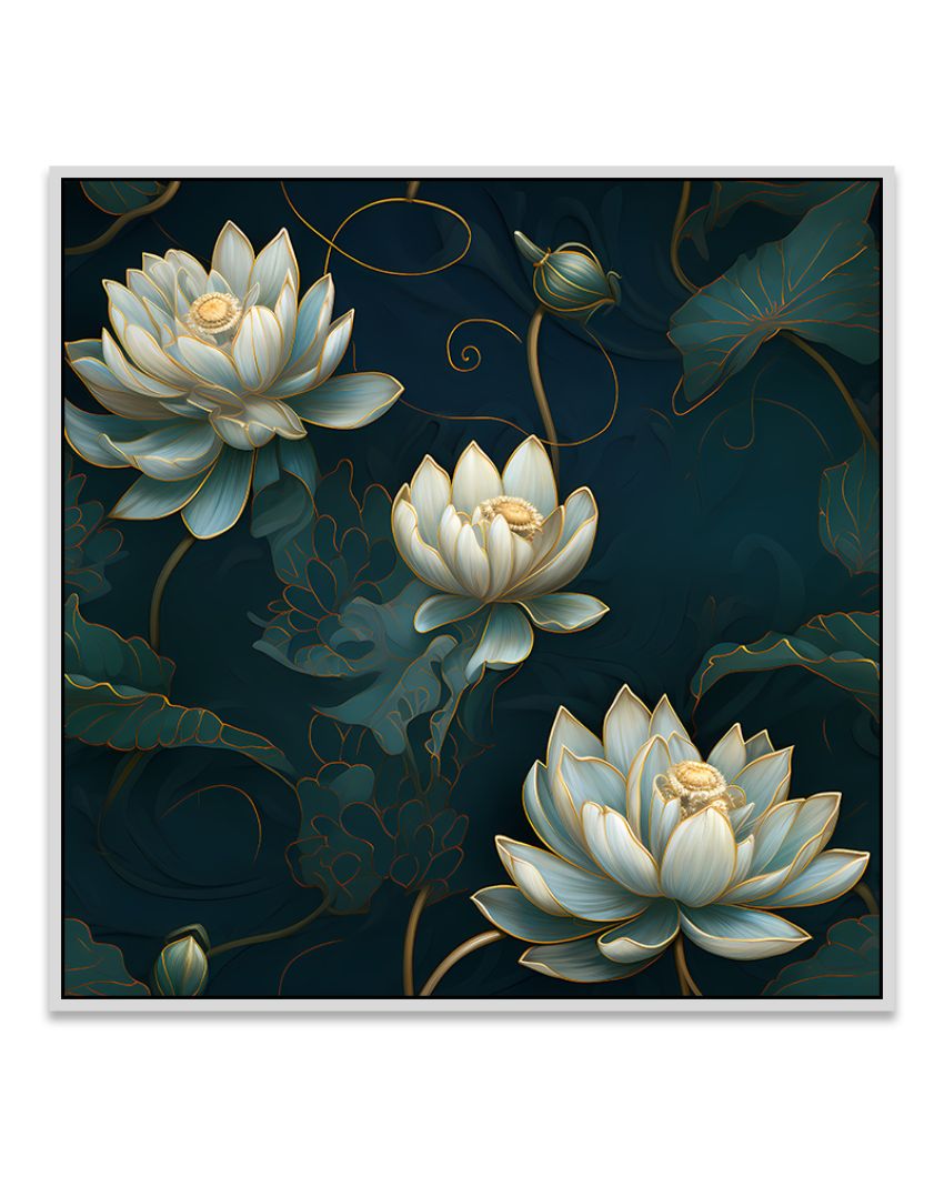 3D Embossed White & Gold Lotus Canvas Floral Wall Painting