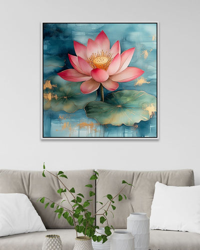 Vastu Positivity Abstract 3D Pink Lotus Framed Canvas Wall Painting For Home Decor