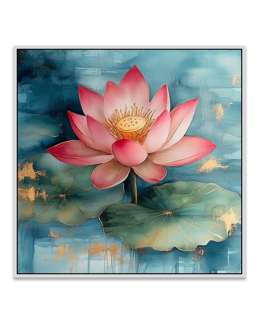 Vastu Positivity Abstract 3D Pink Lotus Framed Canvas Wall Painting For Home Decor