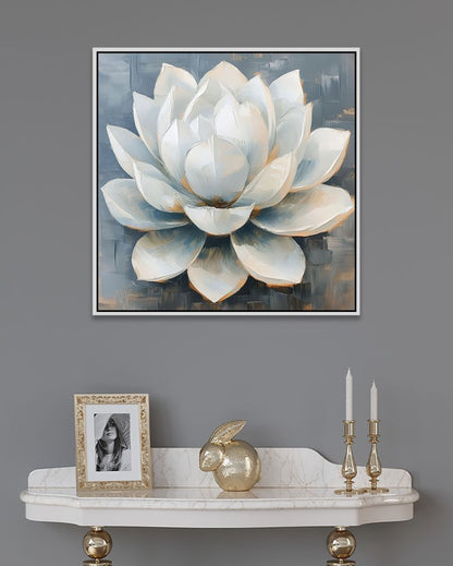 Vastu Positivity Abstract 3D White Lotus Framed Canvas Wall Painting For Home Decor