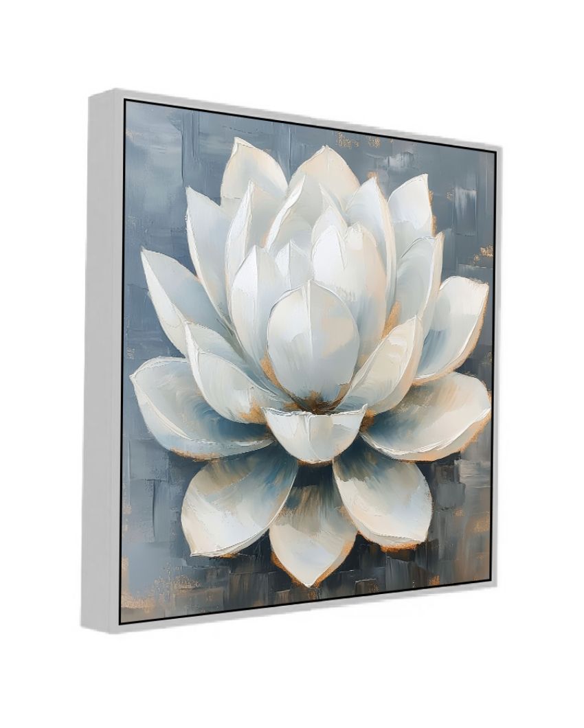 Vastu Positivity Abstract 3D White Lotus Framed Canvas Wall Painting For Home Decor