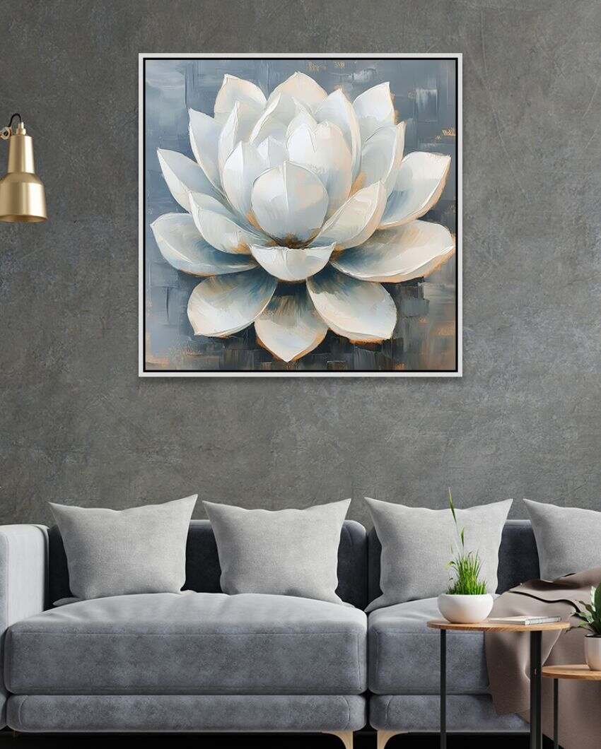 Vastu Positivity Abstract 3D White Lotus Framed Canvas Wall Painting For Home Decor