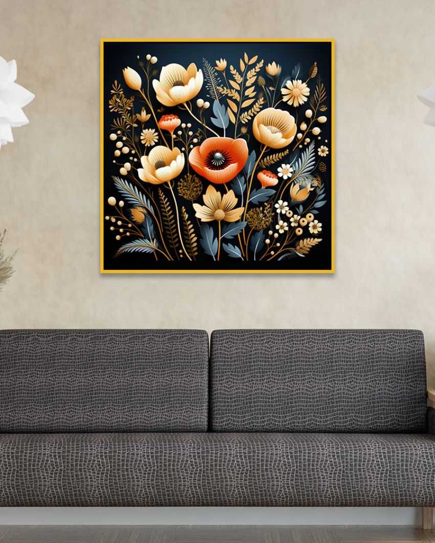 3D Golden and Orange Flower Square Canvas Painting For Home Decor