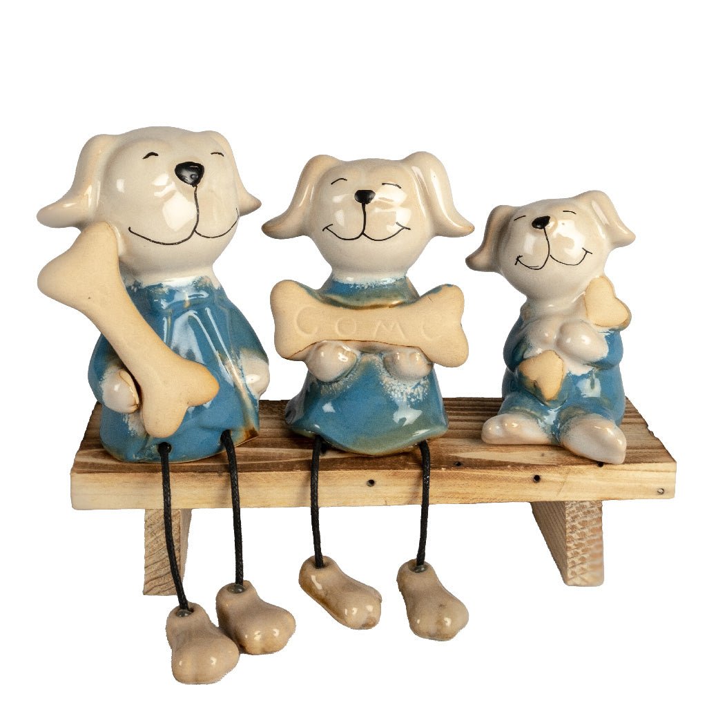 Dog Family On A Bench Miniature Figurine | 4 x 7 x 6 inches