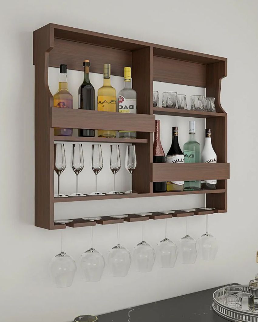 Contemporary Mini Wooden Bar Cabinet Without Light Walnut Finish | 30 X 24 inches