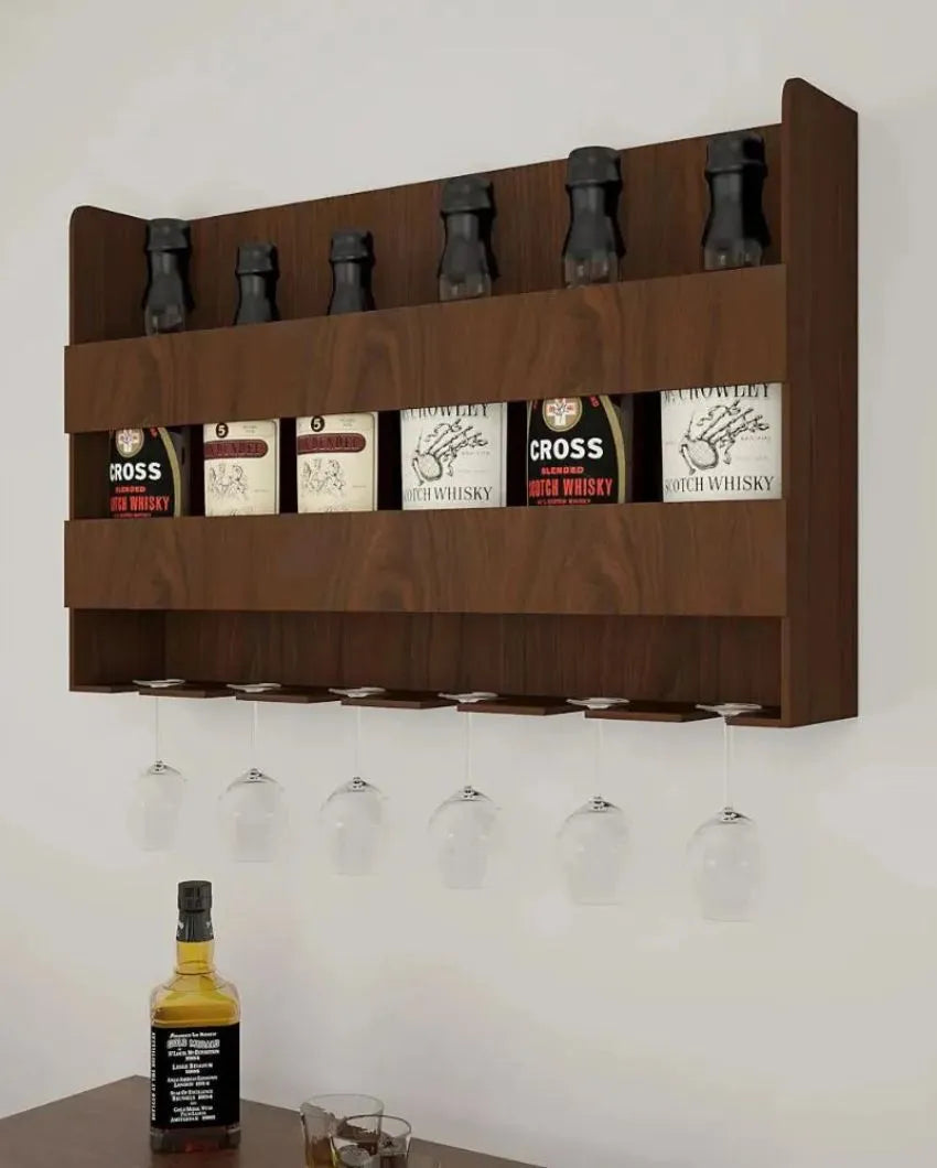 Classic Wooden Bar Wall Shelf Without Backlit Walnut Finish | 24 X 15 inches