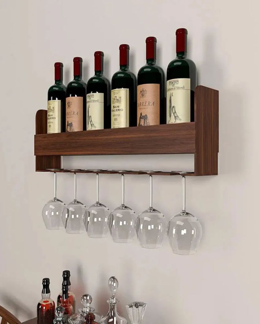 Eye-catchy Walnut Finish Wooden Bar Wall Shelf-Cum-Mini Bar Without Backlit | 24 X 8 inches