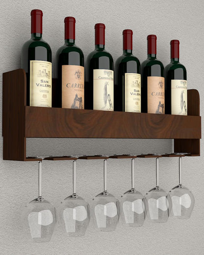 Eye-catchy Walnut Finish Wooden Bar Wall Shelf-Cum-Mini Bar Without Backlit | 24 X 8 inches