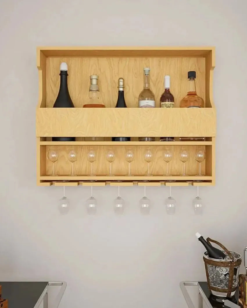 Stylish Oak Finish Wooden Bar Wall Shelf Without Backlit | 24 X 19 inches