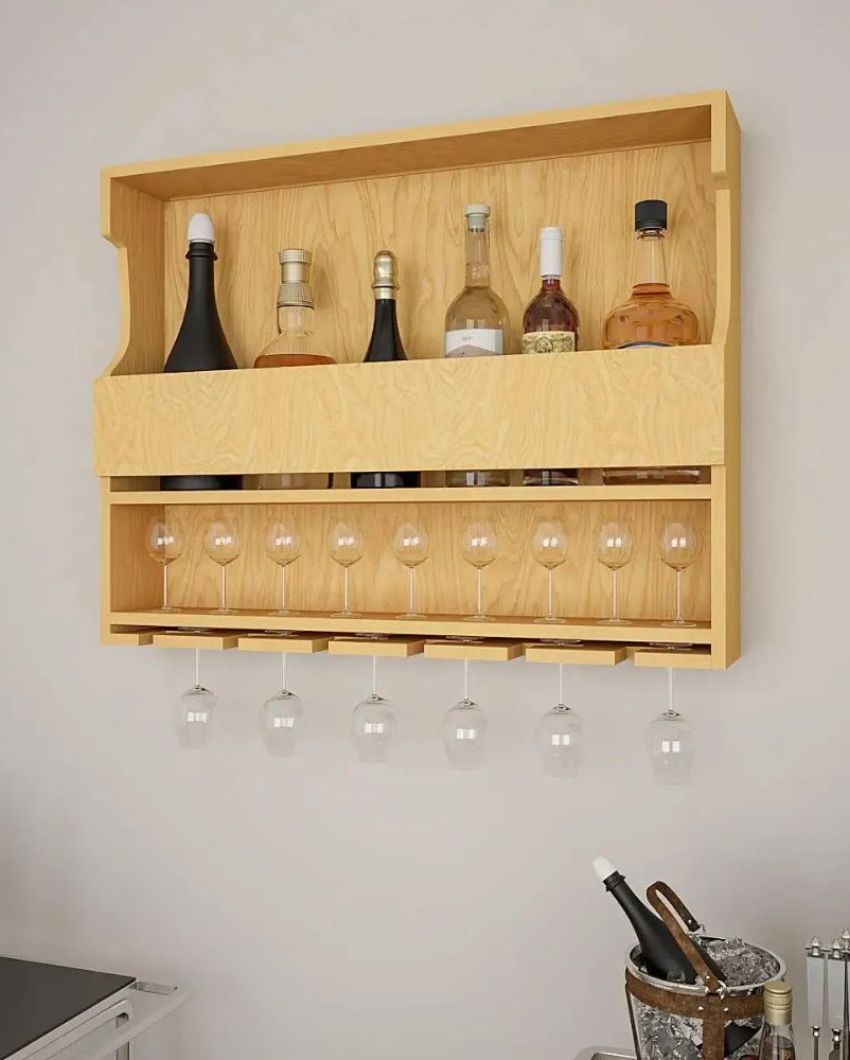 Stylish Oak Finish Wooden Bar Wall Shelf Without Backlit | 24 X 19 inches