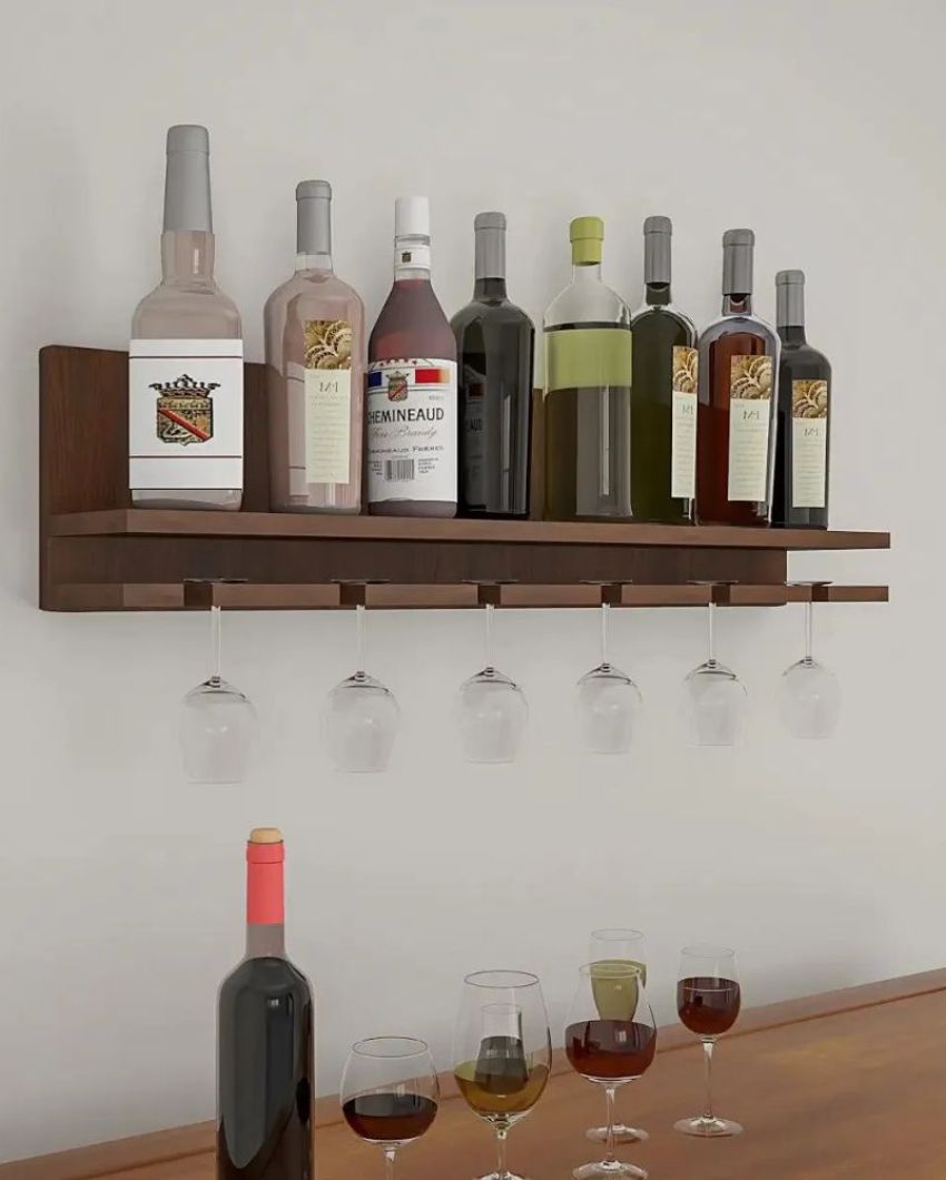 Hip Beverage Walnut Finish Wooden Bar Wall Shelf Without Backlit | 24 X 6 inches