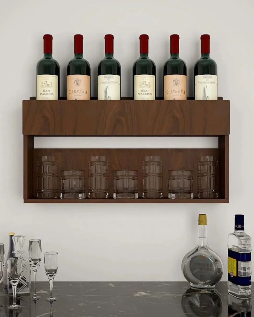 Elegant Wood Walnut Finish Bar Wall Shelf Without Backlit | 24 X 13 inches